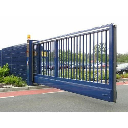Blue electric sliding gate at a commercial property
